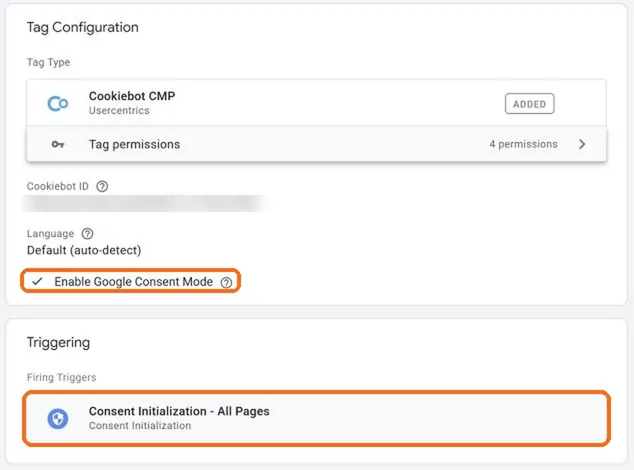 Cookiebot-tag i Google Tag Manager med Google Consent Mode slået til og triggeren Consent Initialization - All Pages